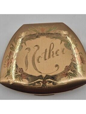 Vintage Elgin American Compact Mirror Engraved Mother Gold Tone Powder Puff
